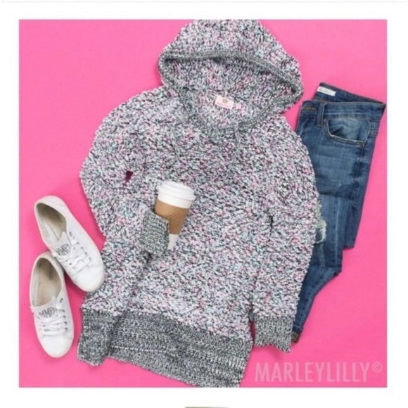 MarleyLilly Marled Pastel Black White Fuzzy Pull Over Hoodie Sweater Size S/M - Picture 2 of 7